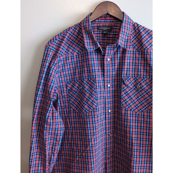 Banana Republic Size Large Plaid Western Shirt Men's Red Blue Snap Slim Fit LS - Picture 4 of 6